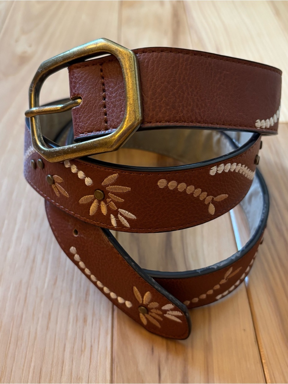 Boho Brown Faux Leather Floral Stud Embellished Belt Size 3XL